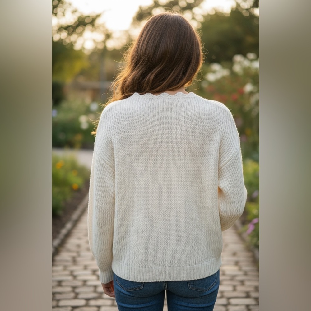 Hand Knit Cream Cable Knit Button Down Sweater/Scalloped Edge V-Neck- Size M - Picture 3 of 11